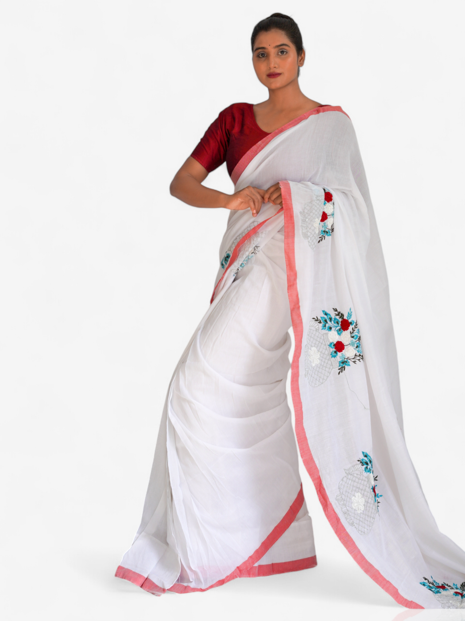 Thread Art Vase ā Ready-to-Wear Pocket Saree with Floral Embroidery - Kozylook